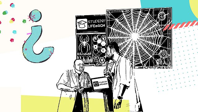 grafika komiksowa, w tle ekran a na nim pajęczyna, na pierwszym planie dwóch mężczyzn w fartuchach rozmawiają ze sobą, między nimi laptop z logo gry studentlife