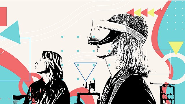 Grafika w stylu komiksowym przedstawiająca dwie osoby z profilu na tle abstrakcyjnych, geometrycznych kształtów w żywych kolorach czerwieni, błękitu i turkusu. Po lewej stronie jest kobieta z lekko podniesiona głową patrząca w górę. Po prawej, na pierwszym planie stoi kobieta w okularach VR, głowę ma zwróconą w tą samą stronę co pierwsza kobieta. Elementy graficzne obejmują trójkąty, koła i strzałki, tworzące dynamiczne tło.